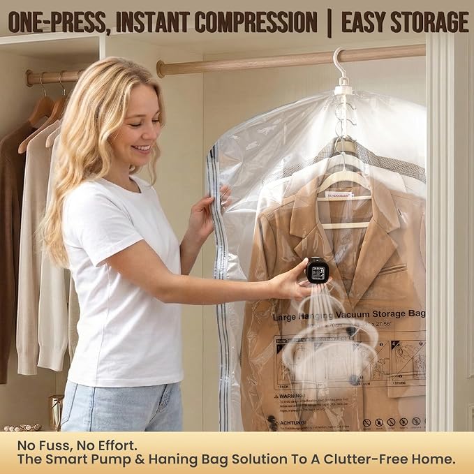 TAILI Hanging Vacuum Storage Bags with Electric Pump, Vacuum Seal Bags for Clothing Travel, Space Saving Hangers for Clothes, Suits, Coats and Jackets, Set of 6 (3 Long, 3 Short)