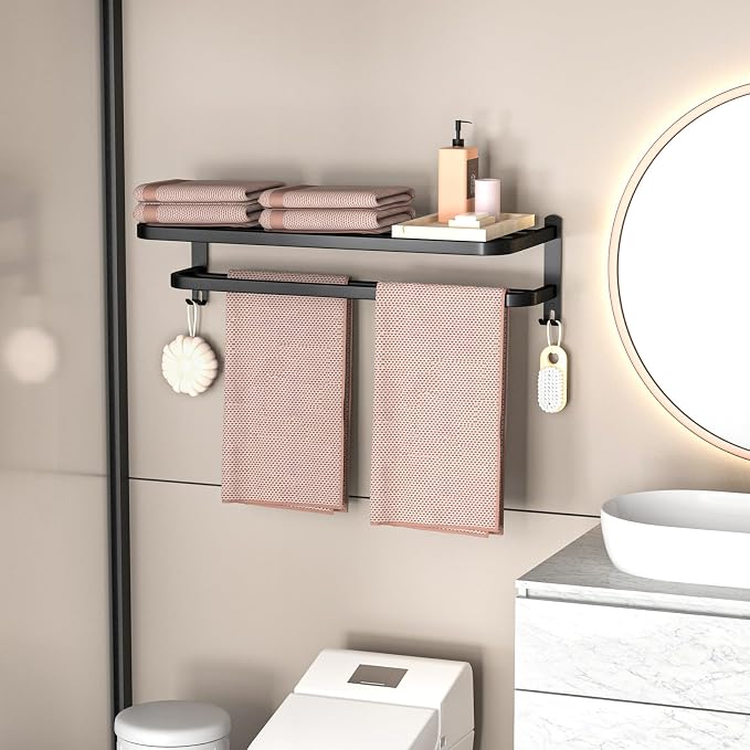 23 Inch Bathroom Towel Rack Towel Shelf with Double Towel Bars Lavatory Wall Mount Holder with Hooks Stainless Steel Hotel Bath Rack (Matte Black)