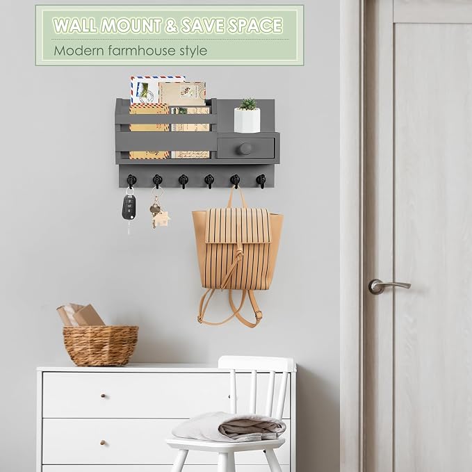 VIS'V Key Holder Wall Mount, Wooden Mail and Key Organizer, Gray | Contains Little Drawer, Small Shelf, 2 Slots, 6 Hooks, for Entryway, Hallway, Doorway, Kitchen, Garage, RV