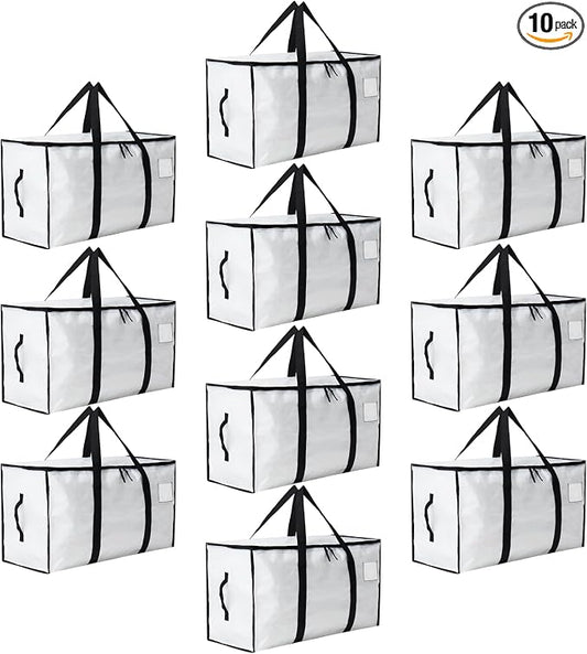 Moving Bags Heavy Duty Extra Large, Moving Boxes, Moving Supplies Essentials, Blue Storage Bins with Lids, Plastic Packing Totes, Storage Bags for Clothes with Handles & Zippers(White, 10 Pack)