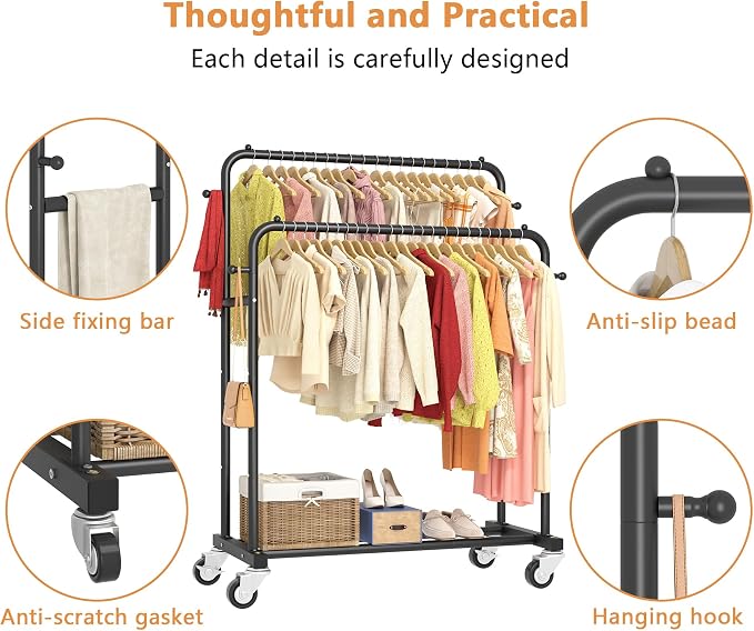Laiensia Double Rods Garment Rack with Wheels, Clothing Rack for Hanging Clothes,4 Hooks, Multi-functional Bedroom Clothes Rack, Black
