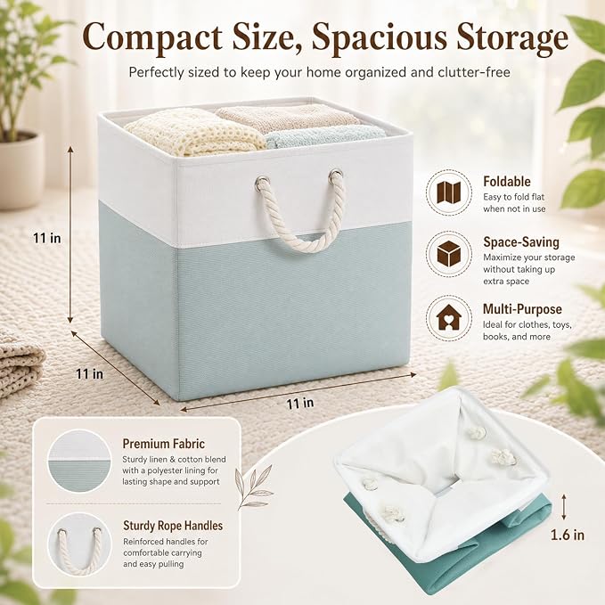Geiserailie 6 Pcs 13 x 13 Inch Cube Storage Bins Fabric Storage Organizer Bins Foldable Cube Baskets with Sturdy Carry Handles Wicker Baskets for Home(Green, Color Block)