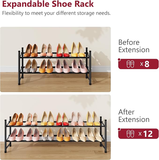 Expandable Shoe Rack for Closet 2 Tier, 28“-41“Stackable, Black | Adjustable Shoe Organizer Closet Shoe Rack Floor, Metal Shoe Shelf Storage for Entryway, Closet, Garage, Front Door Entrance