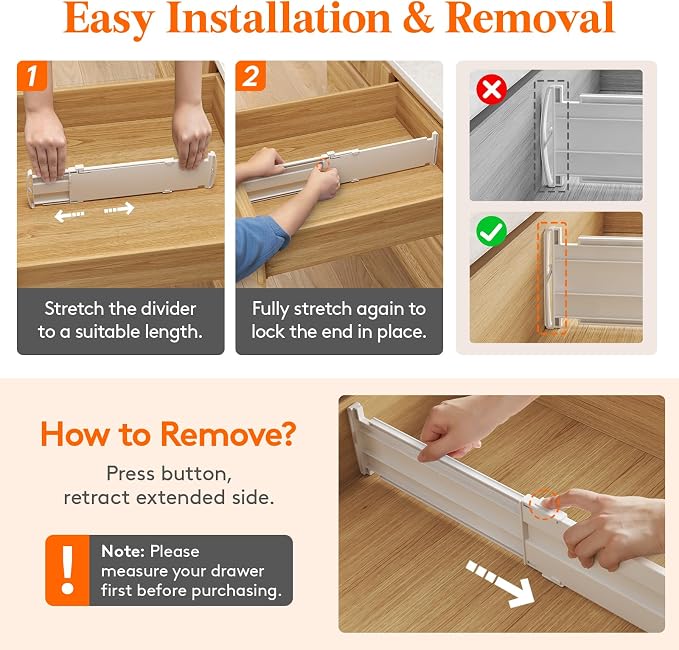 Lifewit 5 Pack Drawer Dividers for Clothes, 4" High 13.8"-22.2" Expandable Dresser Drawer Organizers, Adjustable White Plastic Separators for Kitchen, Cabinet, Nursery, Socks & Underwear Storage