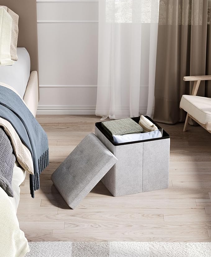 Folding Storage Ottoman Bench, Light Gray, 15 Inches | Multi-Functional Ottoman Foot Rest, End of Bed Bench, Storage Chest, Living Room, Bedroom, Hallway, Entryway, 300 lb Capacity