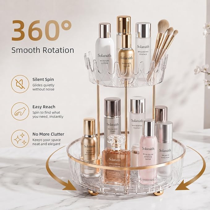 2 Tier Rotating Makeup Organizer for Vanity, Clear Bathroom Counter Organizer, Skincare Organizer and Perfume Organizer, Countertop Cosmetic Storage for Cabinet, Pantry and Kitchen (Clear)