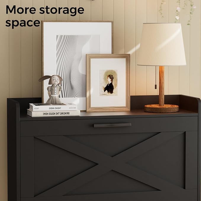 Homleke Farmhouse Shoe Storage Cabinet with Flip Drawers & Barn Door Design | Slim Narrow Shoe Rack Cabinet with Adjustable Shelves & Hidden Storage for Entryway, Foyer, Hallway, Living Room, Black