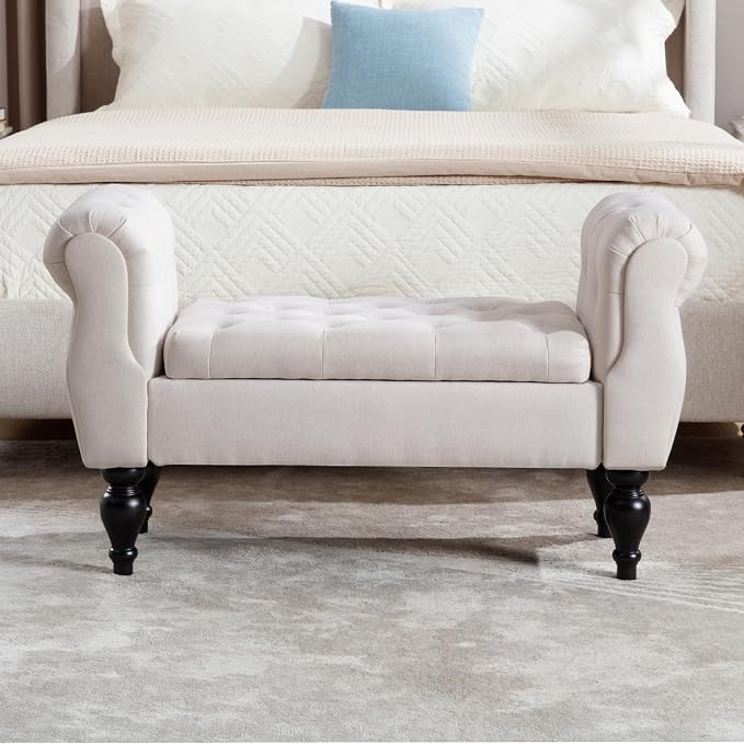 Storage Bench with Arms End of Bed Bench, Linen Entryway Bench with Storage, Button Tufted Upholstered Ottoman Bench Wood Legs, Window Sitting Bench for Bedroom/Living Room/Hallway, Beige