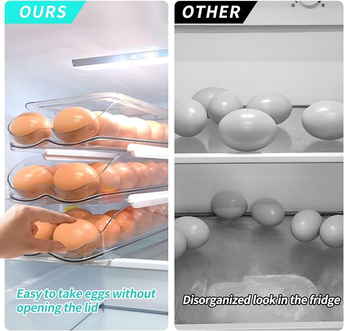 RoskDeewat Egg Holder for Fridge, Automatic Rolling Egg Container -1 Tier | Stackable Fridge Organizers and Storage with Lid, Sturdy Clear Plastic Egg Dispenser & Tray for Refrigerator