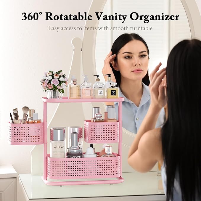 KINGRACK Metal Bathroom Counter Organizer，Rotating Countertop Storage Shelf | 3 Tier, Makeup Tray for Vanity, Perfume & Skincare, Standing Shelf for Bathroom Counter Storage, Pink