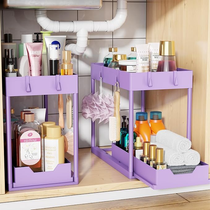 Simple Trending Under Sink Organizer 2 Pack, Sink Pull-Out Sliding Storage Cabinet, 2-Tier Under Shelf Organizer for Kitchen Bathroom, Purple