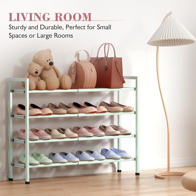 Bumusty 4 Tier Expandable Shoe Rack for Closet, Green | 18"-33" Adjustable Shoe Rack for Entryway, Small Shoe Organizer for Dorm, Front Door, Sturdy Metal
