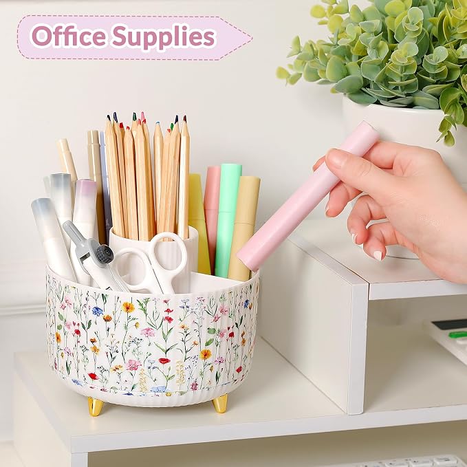 SKYDUE 360 Degree Rotating Desk Organizer, Dual-Purpose Pencil Pen Holder for Desktop, Desk Pen Organizer with 5 Slots, Office Supplies, Pencil Cup for Office, School, Home