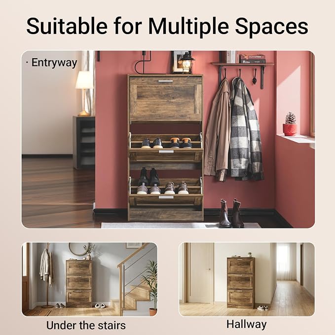 Haotian Shoe Cabinet Storage for Entryway | Narrow Shoe Cabinet with Three Flip Drawers to Save Space, Shoe Rack Cabinet for Entrance Hallway (Natural)