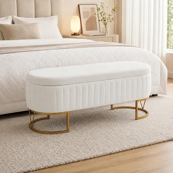 46" Storage Ottoman Bench, Velvet Oval End of Bed Bench Ivory | Easy 1-Min Assembly, High-Resilience Foam, Large Hidden Storage, Sturdy Gold Metal Legs
