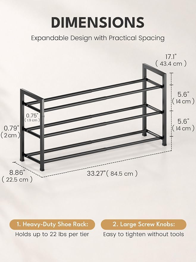 Bumusty 3 Tier Expandable Shoe Rack for Closet, Black | 18"-33" Adjustable Shoe Rack for Entryway, Small Shoe Organizer for Dorm, Front Door, Sturdy Metal