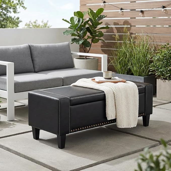 AKMAKM 49''W Storage Ottoman Bench, 30 Gallons End of Bed Bench, Faux Leather, Mid Century Modern, Upholstered Bench with Storage and Seat for Entryway, Living Room, Holds up to 350 lb, Black