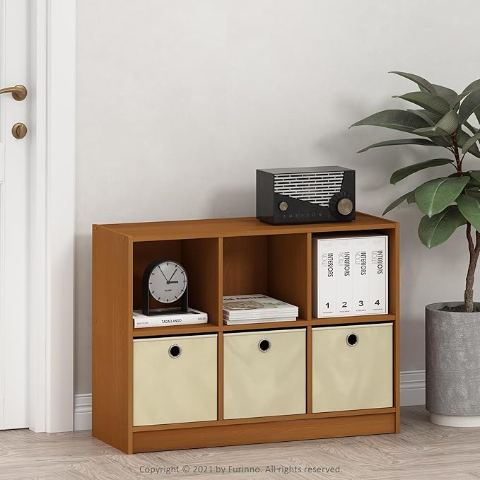 Furinno Basic 3x2 Bookcase Storage w/Bins, Light Cherry/Ivory
