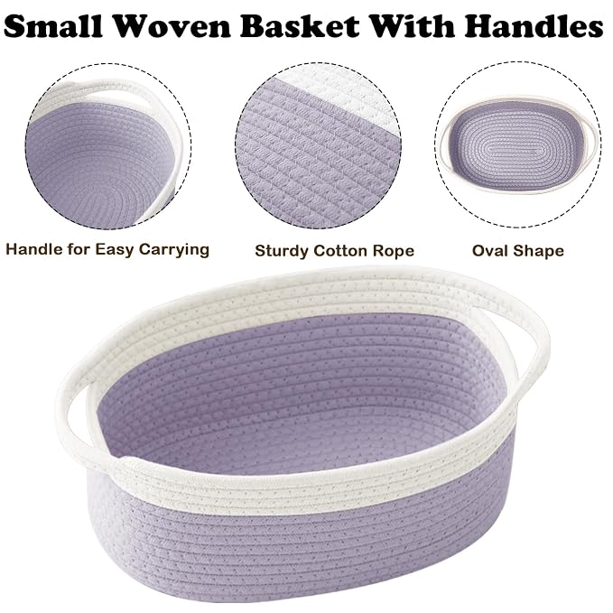 Woven Rope Basket - Baby Gift Basket with Bag & Ribbon, White&Purple | Cotton rope with handle, 12 x 8 x 5 in, gift bag and ribbon, for baby shower, birthday, toy storage, nursery, shelf decor