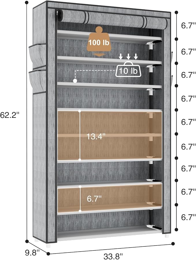 LANTEFUL Shoe Rack with Covers 10 Tier Tall Shoe Rack Organizer Large Capacity Shoe Shelf Storage 40 Pairs Space Saving Free Standing Shoe Storage Organizer for Closet, Entryway, Dorm, Printing
