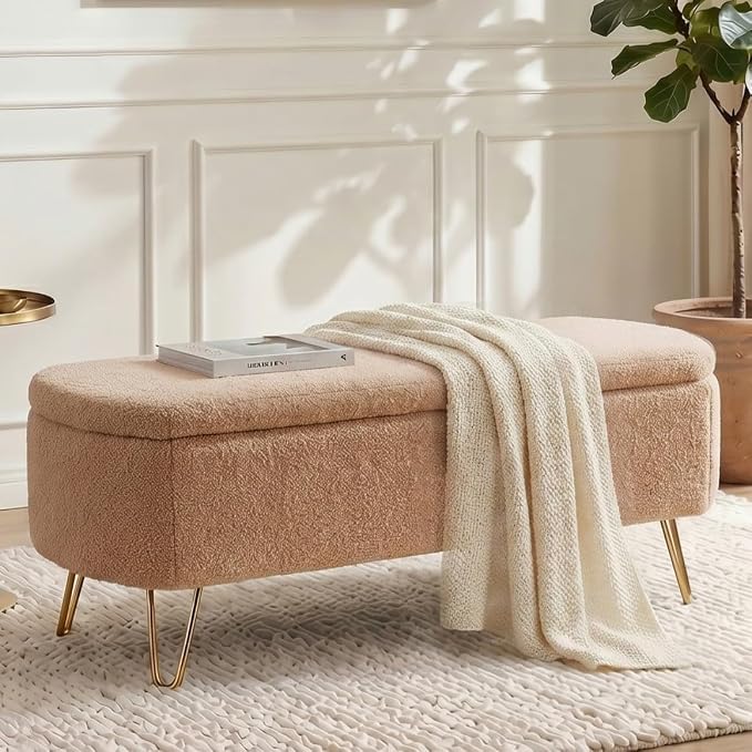 Modern Storage Ottoman Bench, Vintage Boucle Upholstered Entryway Bench, End of Bed Bench with Gold Legs, Padded Bench with Storage for Living Room, Bedroom, Entryway (Camel)