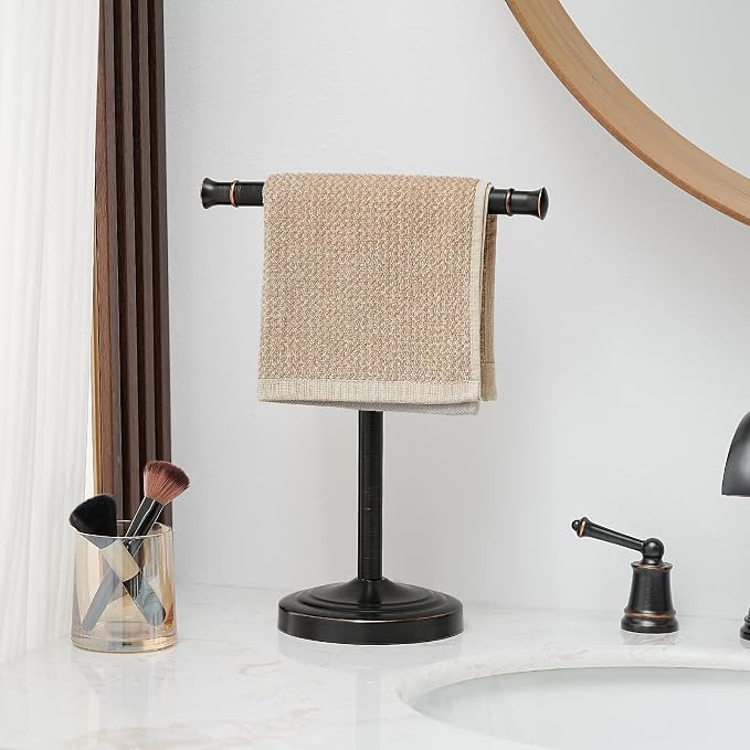 RUMOSE Oil Rubbed Bronze Hand Towel Holder Stand Countertop Towel Rack | 13 Inch Bathroom Kitchen Vanity T-Shape Towel Stand Free Standing Stainless Steel Towel Bar Towel Ring