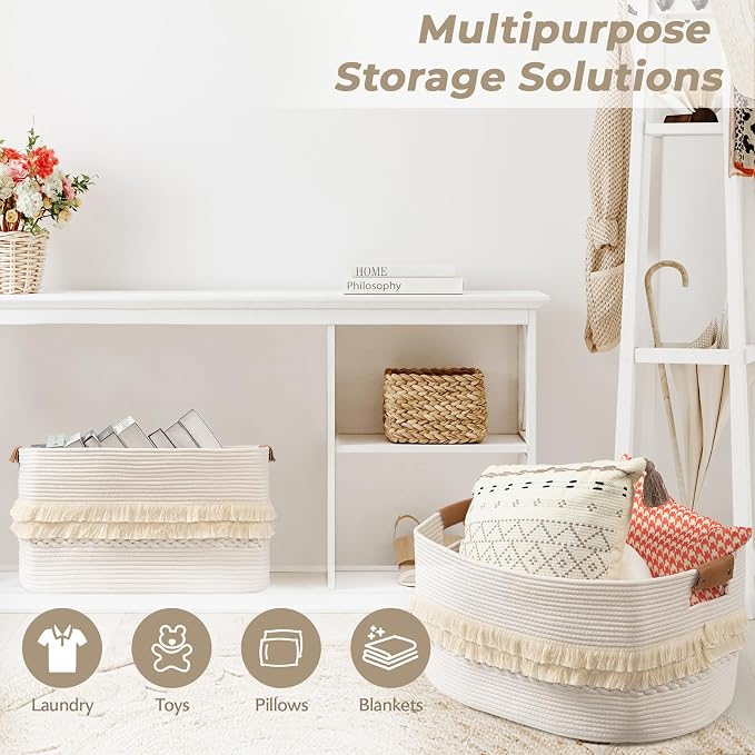 danpinera 108L Large Basket for Living Room, Boho Decorative Basket Organizing with Handles, Cotton Rope Storage for Toys, Pillows, Clothes, 25’’*16’’*16’’ White