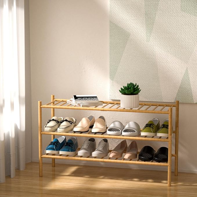 ROMGUAR CRAFT 3-Tier Bamboo Long Shoe Rack, Free Standing Wood Shoe Shelf Storage Organizer for Closet Entryway Stackable 35"x11"x20" (Natural)
