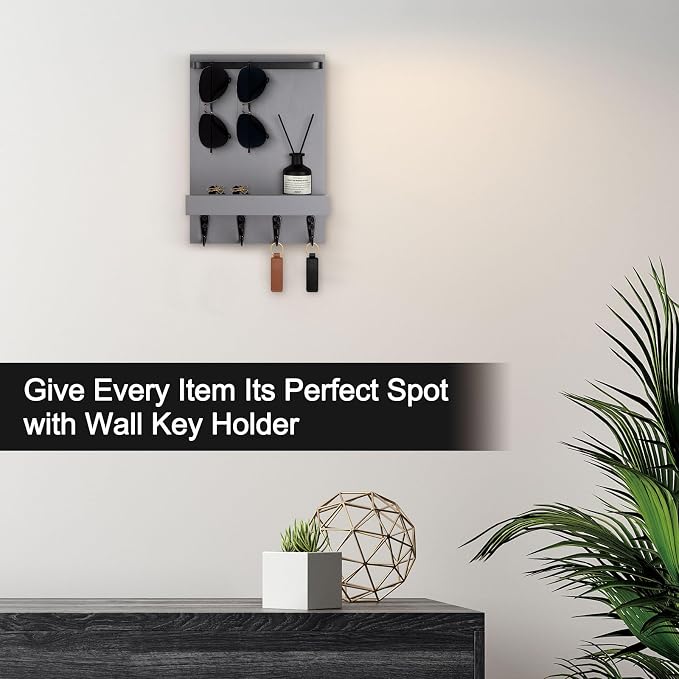Key Holder Wall Mount, Key Holder for Wall with 4 Hooks, Farmhouse Key Hanger Holds Dog Leash, Sunglasses – Decorative Mail Organizer Home Decor