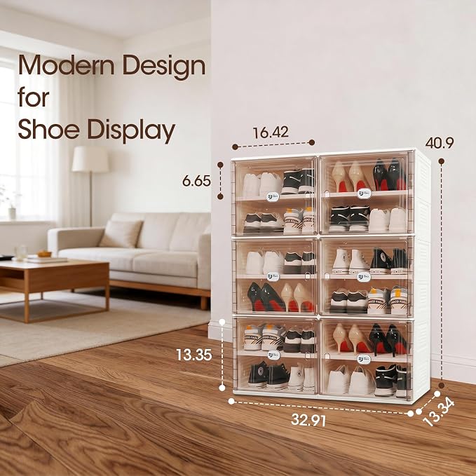 24 Pairs Shoes Storage Cabinet of 3-Step Fast Installation,Plastic Shoe Box with Clear Magnetic Door for Display, Shoe Organizer for Sneaker, Sandals, Heels (2 Row, 6 Tier)