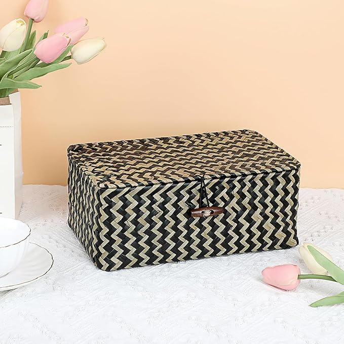 Hipiwe Seagrass Storage Baskets with Lid Woven Wicker Storage Bins for Organizing Natural Rectangular Home Organizer for Bedside Living Room Entryway Table,10.2" x 6.3" x 3.9"