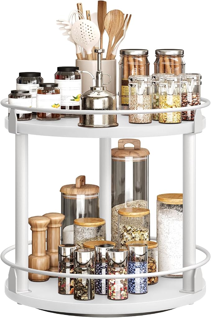 YATINEY Lazy Susan Organizer, Rotating Spice Rack, 2 Tier Spice Turntable Organizer, Industrial Turntable Spice Holder, for Kitchen Countertop, Compact and Versatile, White SR22WW