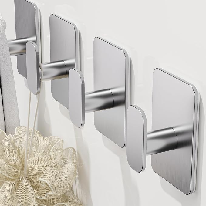 Large Heavy Duty Wall Hooks - 26lb Max, Stainless Steel Adhesive Towel Hooks for Hanging Towel, Coat, Robe, Hat, Sticky Towel Holder for Wall Mount in Bathroom, Shower, Kitchen(Silver, 2 Pack)