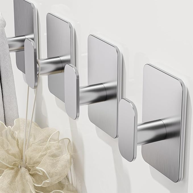 Large Heavy Duty Wall Hooks - 26lb Max, Stainless Steel Adhesive Towel Hooks for Hanging Towel, Coat, Robe, Hat, Sticky Towel Holder for Wall Mount in Bathroom, Shower, Kitchen(Silver, 4 Pack)