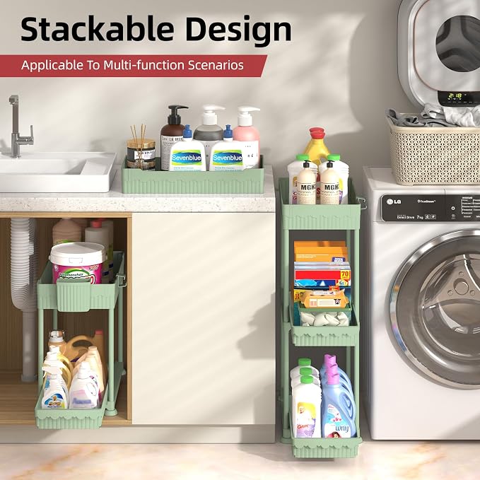 Sevenblue 4-Pack 2-Tier Under Sink Organizer with Pull Out Drawers | Multi-use kitchen & bathroom storage. Includes hanging hooks and cups. Green, space-saving cabinet design. 14.8 Inch