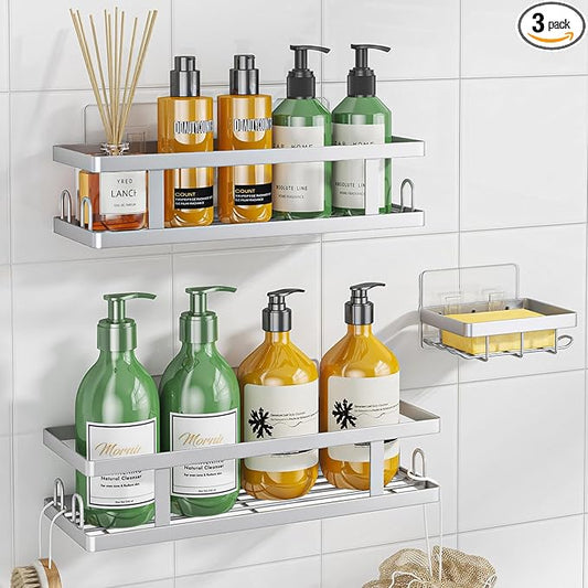 Youvip Adhesive Shower Caddy, 3 Pack Shower Shelves with Soap Holder and 12 Hooks, Rustproof No Drilling Bathroom Organizer and Storage, Silver