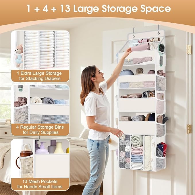 WISELIFE 5-Tier Over the Door Organizer for Hanging - 50LB Heavy-Duty Back of Door Organizer with 5 Spacious Pockets & 13 Mesh Pockets, Multipurpose Storage for Nursery, Bedroom, Closet(1 Pack, Beige)