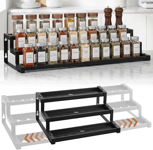 Expandable Spice Rack Organizer for Cabinet, 3-Tier Adjustable Spice Shelf 16"-29", Seasoning Organizer for Cabinet, Pantry & Countertop, Storage Rack for Jars, Bottles & Cans