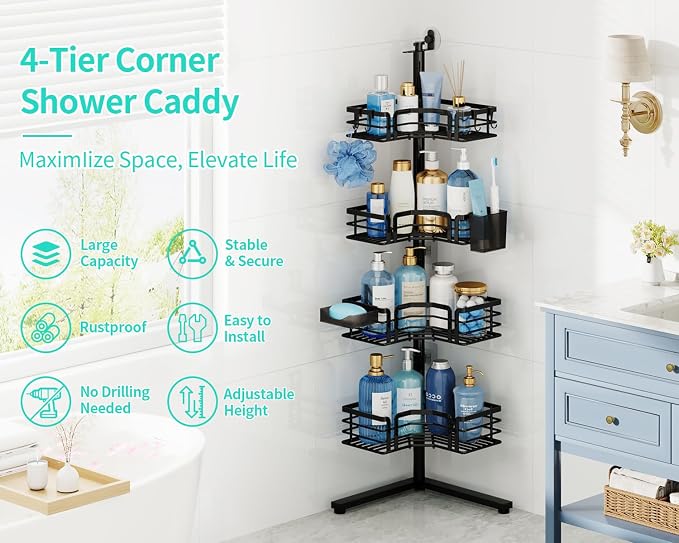 HapiRm Corner Shower Caddy Stand - 4-Tier Adjustable Shower Shelves, Black | Rustproof Stainless Steel, 4 Hooks, Soap and Toothbrush Holders, Large Capacity Shower Organizer for Tall Bottles, No-drill