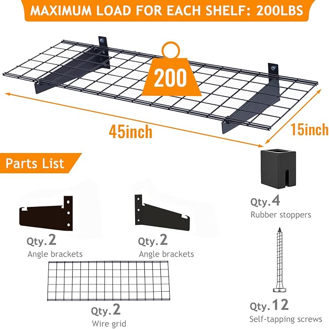 Wallmaster 2-Pack 15x45 Heavy Duty Garage Wall Shelving 45-inch-by-15-inch Wall Mount Garage Storage Rack Floating Shelves Max Load 400lb Black