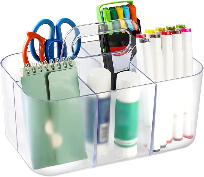 Multiuse Caddy Organizer with Handle, Portable Plastic Tote Bin - Art Craft, Stationary Pen Marker Crayons, Makeup Hair Supplies Storage - Bathroom, Classroom, Dorm, Office, Desk Holder -Frosted Clear