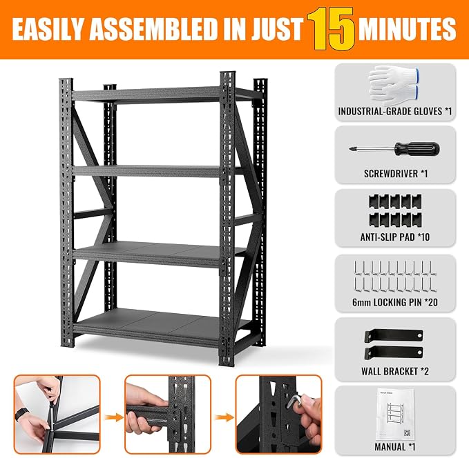 3000LBS Garage Shelving, 48" W Heavy Duty Metal Adjustable 4 Tier Storage for Warehouse, Basement, Shop and Office, Commercial-Grade Steel Organizer, 48" W x 24" D x 69" H