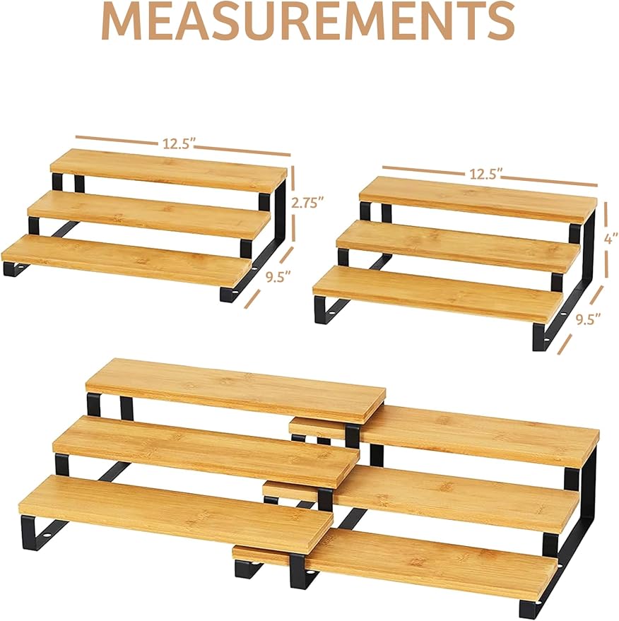 RoyalHouse Bamboo and Metal Expandable Spice Rack Organizer, Cabinet Shelf Organizers, 3-Tier Adjustable Kitchen Cabinet, Countertop Display Shelf, Space Organizer for Kitchen and Bathroom