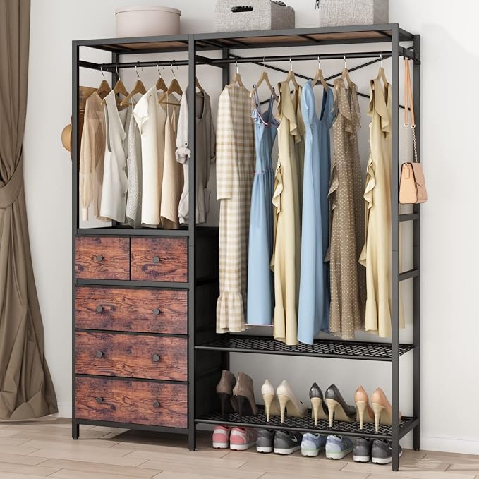 Freestanding Clothes Rack with 5 Drawers & 4 Storage Shelves,2 Hanging Rods | 59.1" W*70.9" H Heavy Duty Clothing Rack, Wardrobe Closet Organizer System with 5 Hooks, Garment Rack (Rustic)