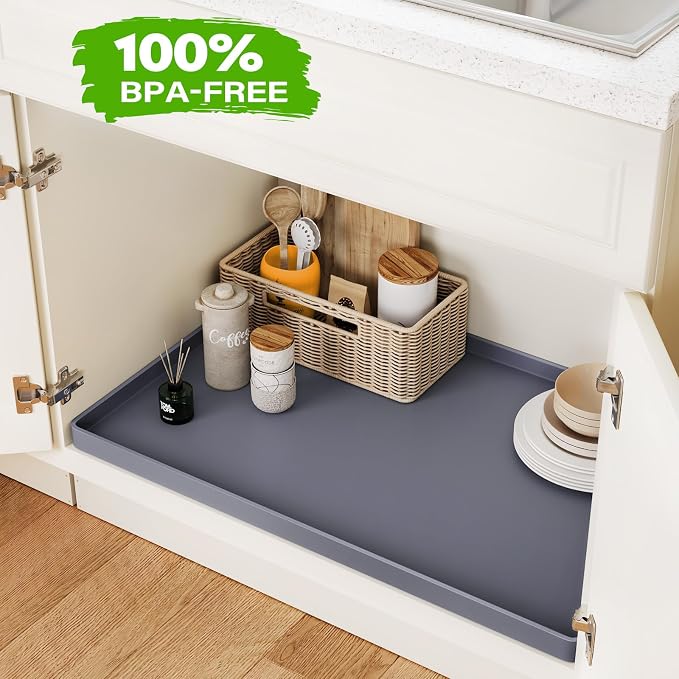 FLATO Waterproof Under Sink Mat 34" x 19" Shelf Liner for Kitchen and Bathroom, Cabinet Protector, Organizers and Storage, Flexible Silicone Drip Tray