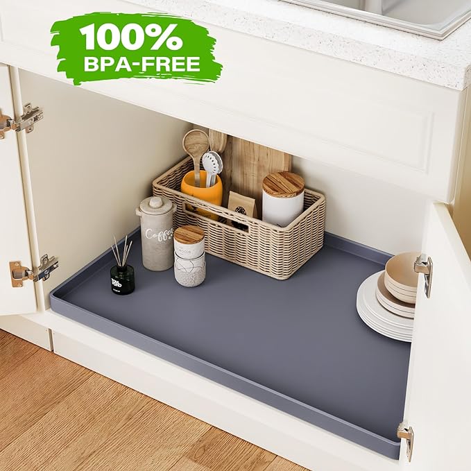 FLATO Waterproof Under Sink Mat 31" x 19" Shelf Liner for Kitchen and Bathroom, Cabinet Protector, Organizers and Storage, Flexible Silicone Drip Tray