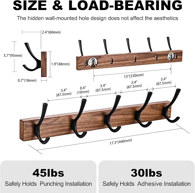 2 Pack 17.3" Small Walnut Wood Coat Rack Wall Mount with 5 Hooks, Heavy Duty Wooden Jacket Hanger Door Mounted for Decorative Entryway and Bathroom Hanging Towel Backpack Purse Clothes Hat Key