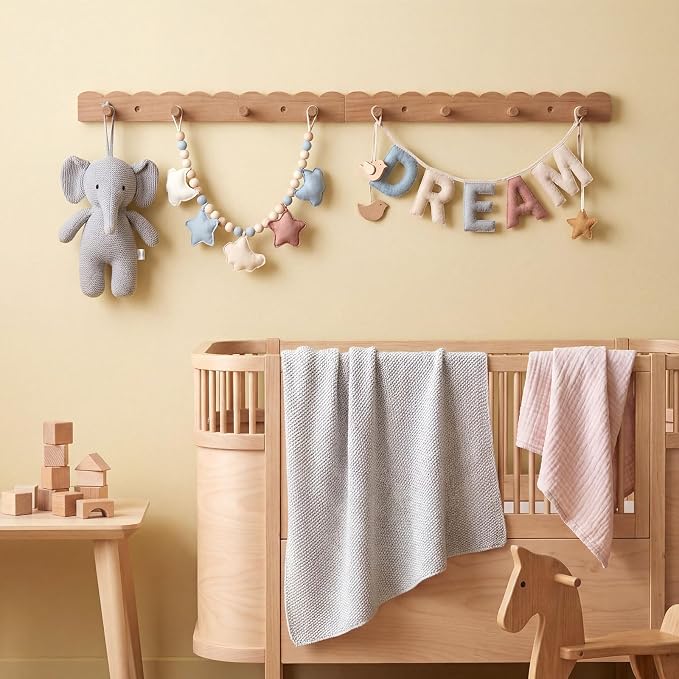 Leinuosen 2 Pack Scalloped Coat Rack Wall Mount Cute Nursery Wall Hook 16 Inch 8 Hooks Wood Backpack Hanger for Toddler Kids Clothes Hat Towel Keys Bathroom Classroom Playroom Nursery Decor