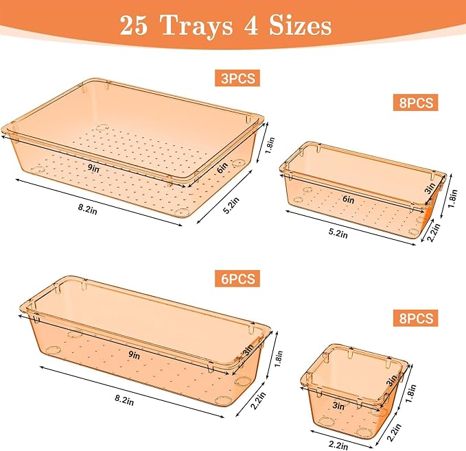 SpaceHacks 25 PCS Plastic Drawer Organizer Set, 4-Size Versatile Organizer Trays & storage Bins for Makeup, Jewelry, and Gadgets in Bathroom, Bedroom and Office,Orange
