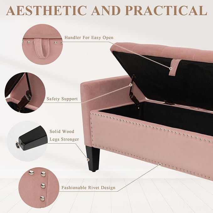 Velvet Ottoman with Storage, 46'' Upholstered Button Tufted End of Bed Bench with Arms, Modern Storage Bench for Living Room, Bedroom, Entryway, Pink